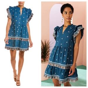 Marie Oliver GIA Mini Dress Embroidered Flutter Sleeve Ruffle Boho Indigo Small